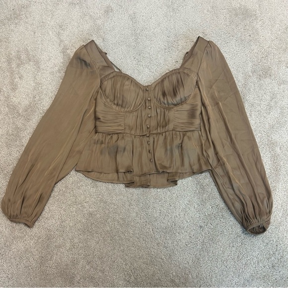 Joie tan satin corset button balloon puff sleeve cut out tie back blouse S NWT - Picture 5 of 11